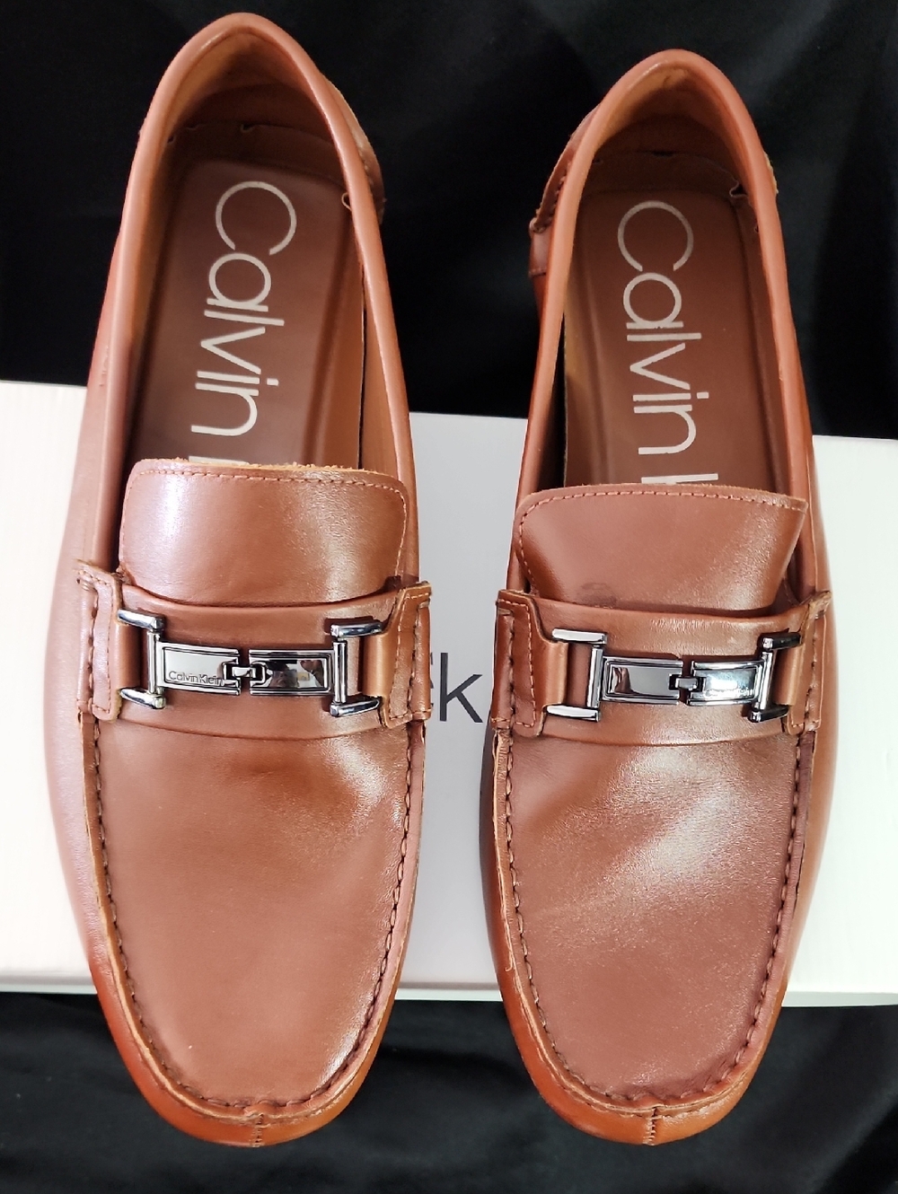 Calvin Klein Men's Tan Leather Slip-On Loafers with Silver Bit
